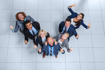 Wall Mural - Business People Group Happy Smile Standing At Modern Office Top View, Businesspeople Team Cheerful