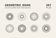 Set Of Eight Minimalistic Trendy Shapes. Stylish Vector Logo Emblems For Your Design. Simple Geometric Signs Collection.
