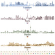 London, Paris, Berlin and Rome city skylines in bright color palettes vector illustrations