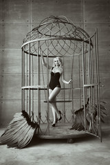 blond woman with black wings in a cage. Angel, mysticism