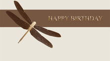 Dragonfly Greeting Card. Vector Happy Birthday Luxury Card With Gold Dragonfly.