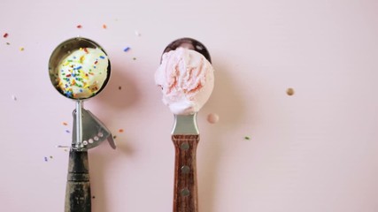 Sticker - Variety of metal ice cream scoops with different ice cream and toppings on pink background