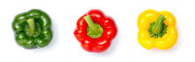 Top View Of Three Colors Sweet Bell Pepper On White Background ( Capsicum Annuum., SOLANACEAE )