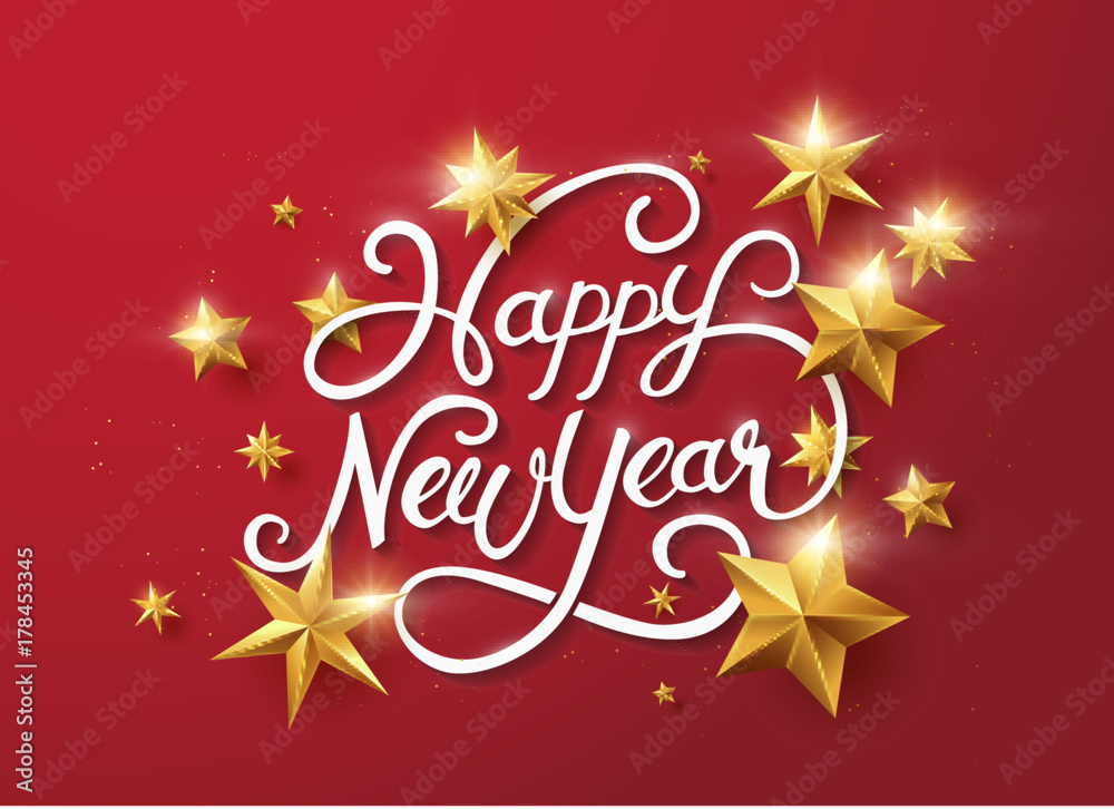 new year with calligraphic text with golden star.Vector illustration ...