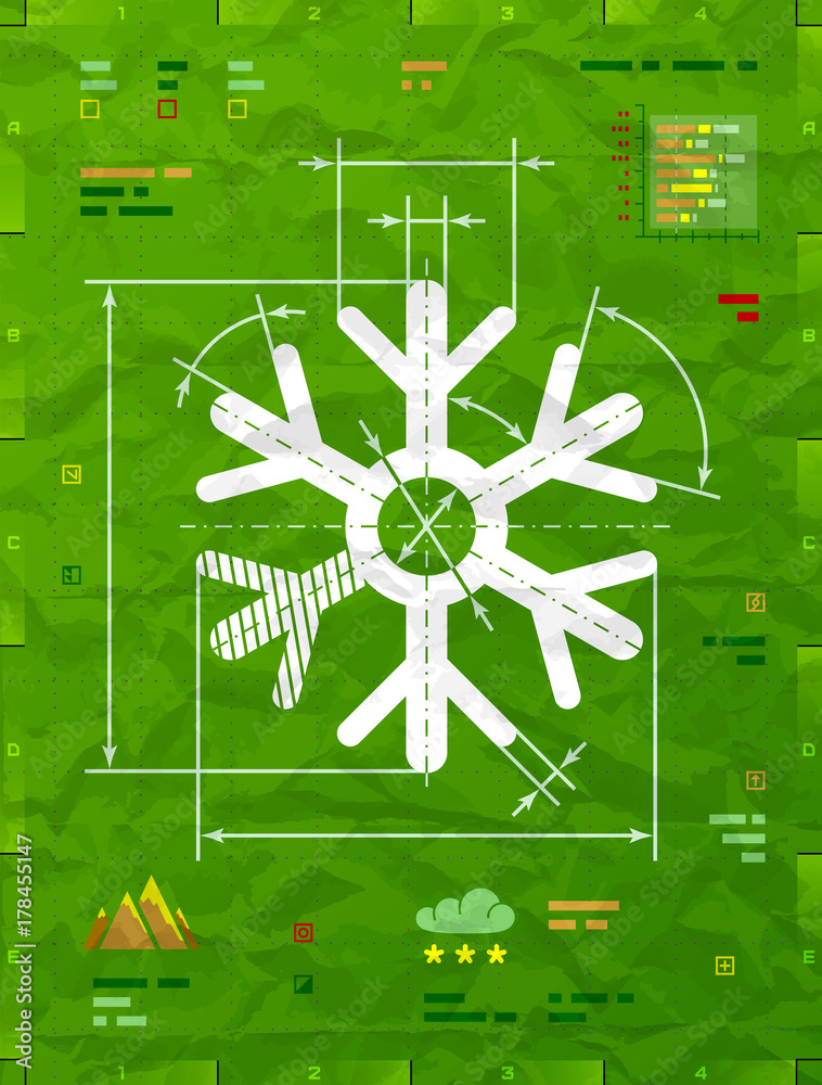 Snowflake symbol as technical blueprint drawing. Drafting of snow sign ...