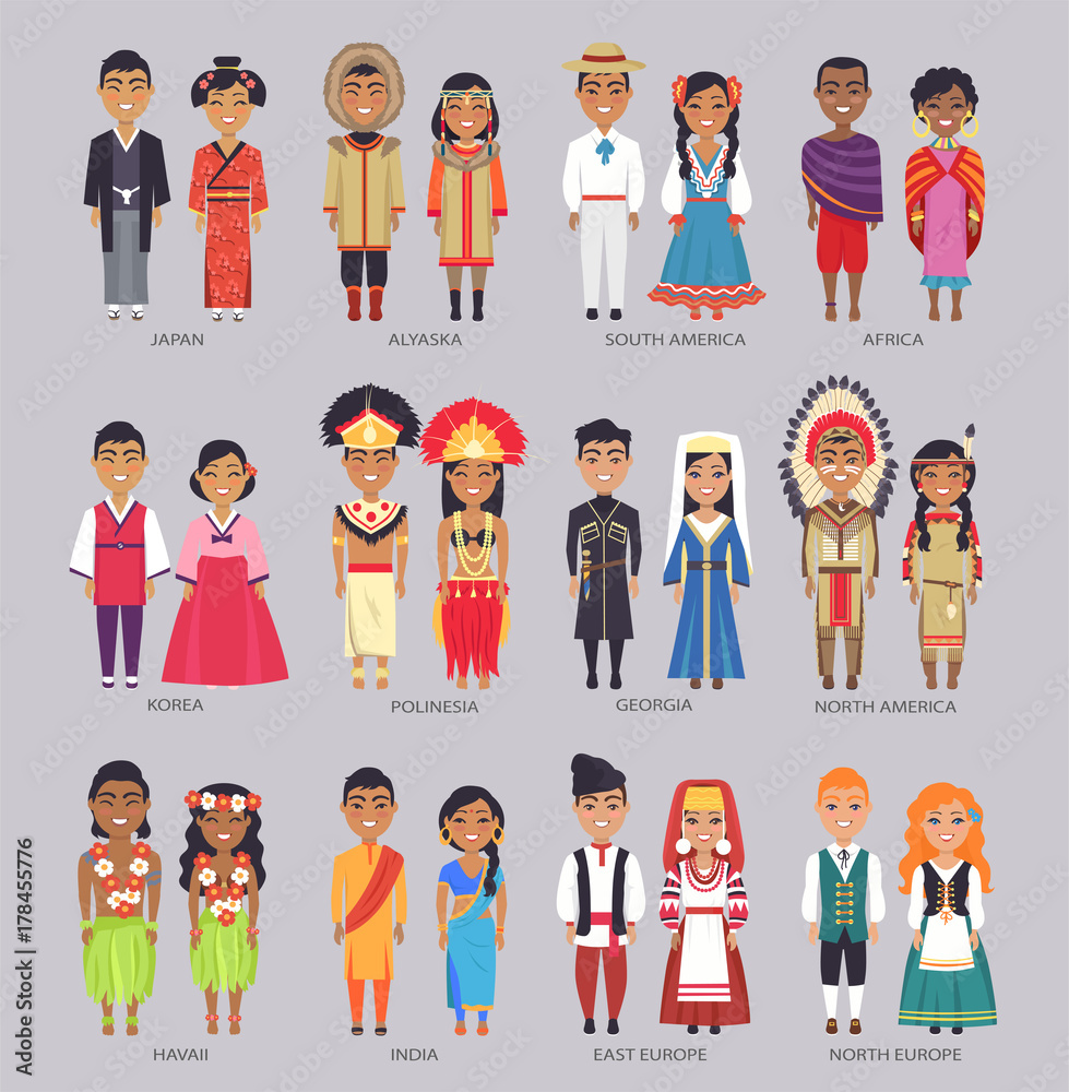 Couples in Traditional Clothes Present Countries の Stock ベクター 