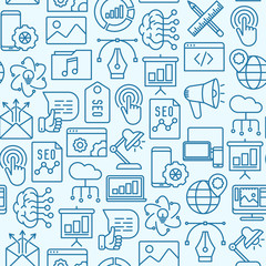 Digital marketing seamless pattern with thin line icons: searching idea, development, optimization, management, communication. Vector illustration for banner, web page, print media.