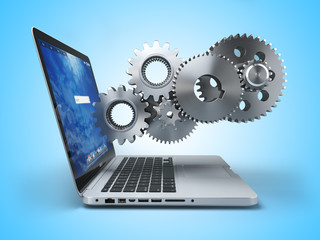 Poster - Laptop and gears. Computer technology, online support pc service concept.