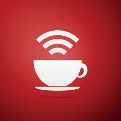 Poster - Cup of coffee shop with free wifi zone sign. Internet connection placard icon isolated on red background. Flat design. Vector Illustration