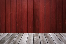 Wooden Terrace Or Desk With Copy Space For Display Of Product Or Object Presentation And Old Wooden Red Wall Texture Background