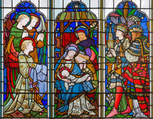 LONDON, GREAT BRITAIN - SEPTEMBER 14, 2017: The Adoration Of Magi On The Stained Glass In The Church St. Michael Cornhill By Clayton And Bell From 19. Cent.