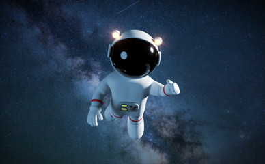 cute cartoon astronaut in white space suit in front of the milky way galaxy