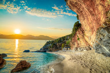 Beautiful Landscape In Corfu Island, Beach And Sea Shore In Summer Holiday At Sunrise In Greece