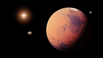 Wall Mural - planet mars with it moons phobos and deimos