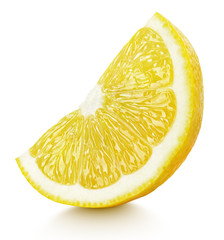 Wall Mural - Ripe wedge of yellow lemon citrus fruit stand isolated on white background with clipping path