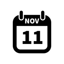 Simple black calendar icon with 11 november date isolated on white
