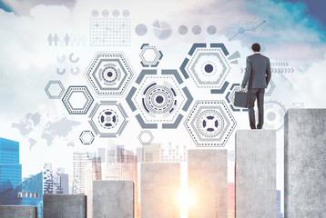 Poster - Businessman looking at HUD and infographics, city