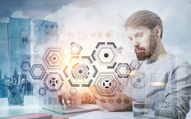 Poster - HUD and infographics hologram, bearded businessman