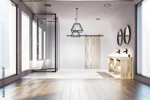 Zdjęcie XXL Loft drewniana łazienka, podwójna umywalka, prysznic