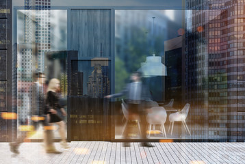 Cafe exterior, mirror windows, people