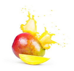 Wall Mural - Mango with a splash of mango juice isolated on white background