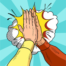 Hands Give Five Pop Art. Male Hands In A Gesture Of Success. Yellow And Red Sweaters. Vintage Cartoon Retro Vector Illustration.
