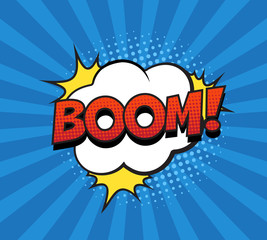Wall Mural - retro comic speech bubble with colorful halftone shadow on blue stripes pattern. expression text boo