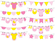 Vector Baby Girl Clothes Hanging On Line