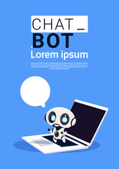 Poster - Chat Bot Robot Using Laptop Computer And Hold Speech Bubble Banner With Copy Space, Chatter Or Chatterbot Support Service Concept Flat Vector Illustration