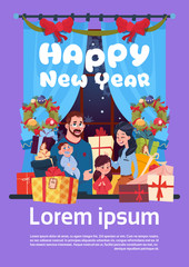 Wall Mural - Happy New Year Greeting Card With Image Of Young Family Together With Present Boxes, Parents And Children On Merry Christmas Poster Vector Illustration