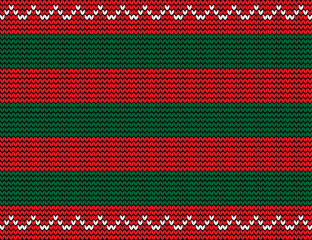 Vector seamless  knitted background with green and red stripes and white wavy pattern as border.