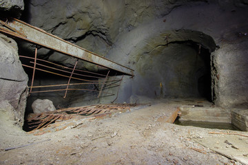 Underground abandoned ore mine shaft tunnel gallery