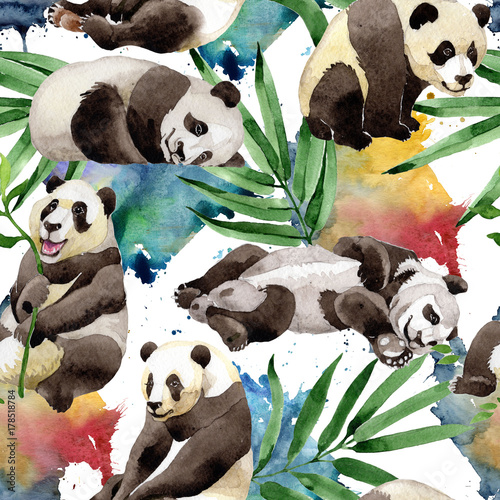 Naklejka ścienna Tropical mix bamboo tree and panda pattern in a watercolor style. Aquarelle wild tree and animal for background, texture, wrapper pattern, frame or border.