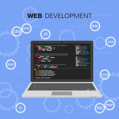 Poster - Programming and coding. Programming languages. Web development. Software testing. Concept vector infographic