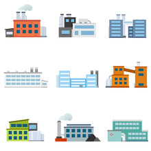 Set Of Factories. Industrial Building Factory. Collection Of Industry Manufactory Building. Vector Illustration.