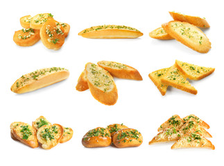 Wall Mural - Delicious bread and garlic on white background