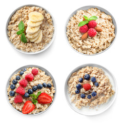Wall Mural - Bowls of oatmeal with berries and fruits on white background