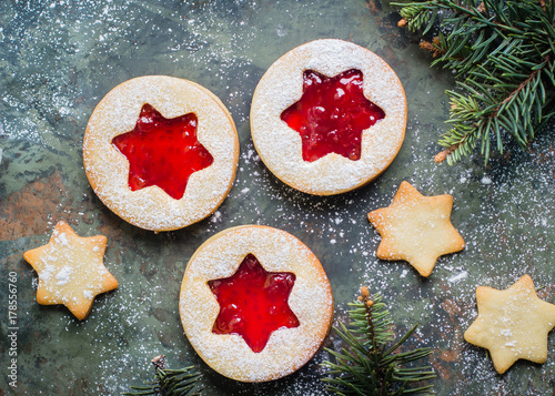 Christmas Cookies Linzer Cookies With Raspberry Jam On Green Table Background Traditional Austrian Biscuits Filled Top View And Copy Space Stock Photo Adobe Stock