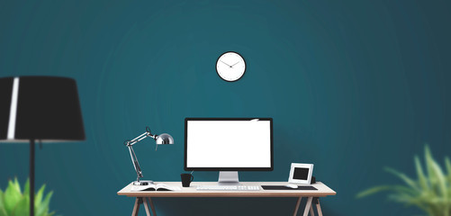 Wall Mural - Computer display and office tools on desk. Desktop computer screen isolated. Modern creative workspace background.