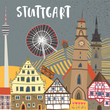 Hand-drawn illustration of Stuttgart landmarks: Monastery church, Schiller square, half-timbered houses, Cannstatt Ferris wheel, TV tower. For souvenirs, postcards, magnets. Baden-Wurttemberg, Germany