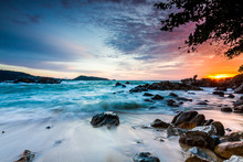 Seascape Landscape Nature In Twilight And Rock With Colorful Of Sunset Over The Sun, Beach Sea, Sunset Sunlight Or Sunrise, Twilight Sky Scenic With Sun Silhouette.