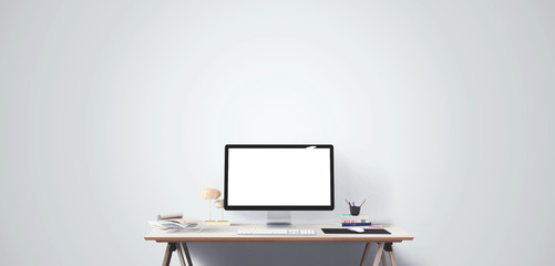 Wall Mural - computer display and office tools on desk. desktop computer screen isolated. modern creative workspa