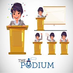 smart female in business uniform on podium speech and presenting in various actions - vector illustration