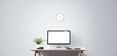 Wall Mural - computer display and office tools on desk. desktop computer screen isolated. front view.