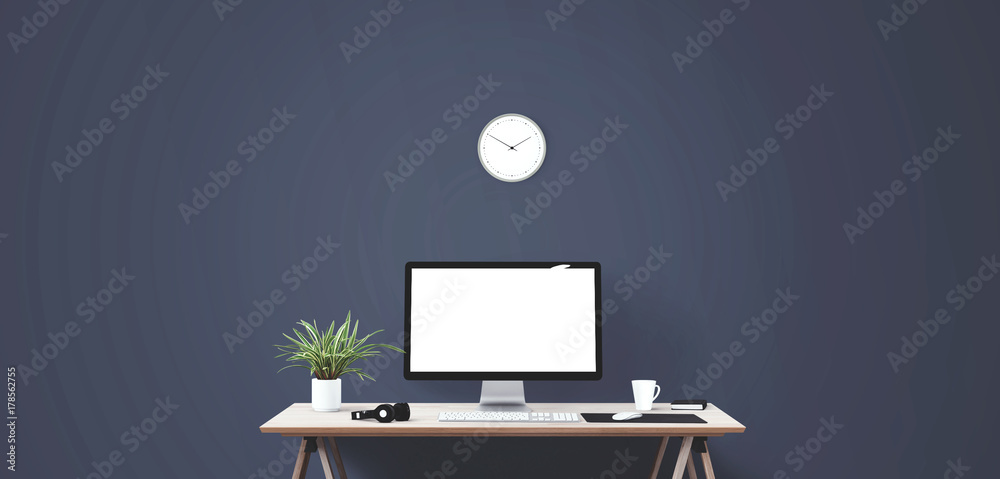 Computer display and office tools on desk. Desktop computer screen isolated. Front view.