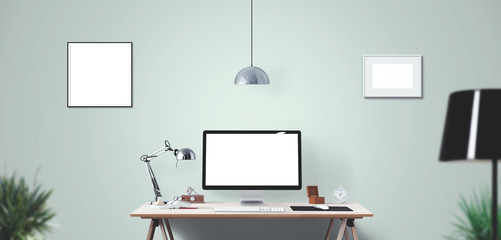 Wall Mural - computer display and office tools on desk. desktop computer screen isolated. modern creative workspa