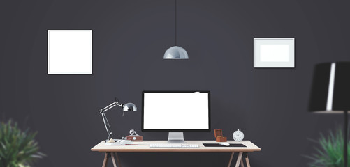 Wall Mural - computer display and office tools on desk. desktop computer screen isolated. modern creative workspa