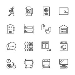Hostel & Hotel icon set. Traveler and Backpacker. Vector line icon