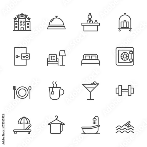 Fotomural Hotel service, Simple thin line hotel icons set, Vector icon design