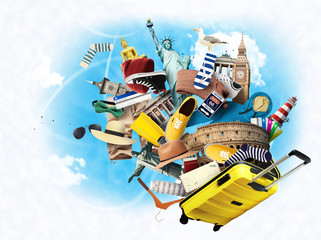Wall Mural - travel and tourism, world landmarks and suitcase